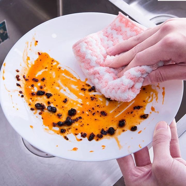 10ชิ้นผ้าเช็ดจานไมโครไฟเบอร์ดูดซับสองชั้นไม่ติดน้ำมันผ้าทำความสะอาดครัวเรือนเช็ดมือใช้ในบ้าน