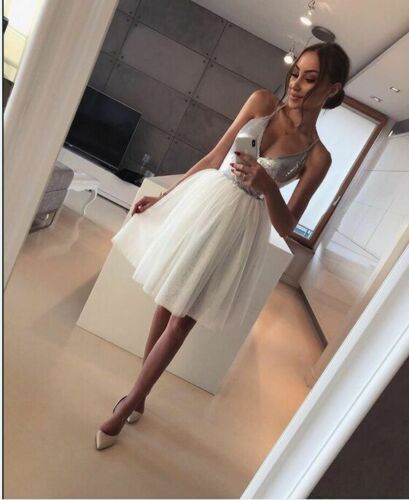 New Arrival Women Silver Formal White Layers Mesh Sexy Deep V Neck Low Cut Sequin Club Wear Evening Party Midi Princess Dress