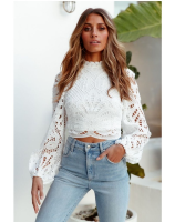 Elegant Crochet Hollow Out Cropped Womens Shirt Elegant Long Sleeve Lace Blouses Women Tops Turtleneck White Female Blusa 16296