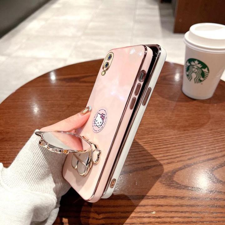 folding-makeup-mirror-phone-case-for-vivo-y91c-y1s-1820-1929-case-fashion-cartoon-cute-cat-multifunctional-bracket-plating-tpu-soft-cover-casing