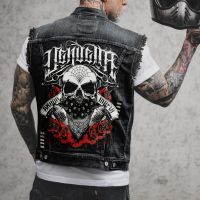 Mens 2023 New Gothic Style Personalized Skull Head Printing Pattern Motorcycle Riding Punk Perforated Sleeveless Denim Vest