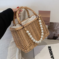 Square Woven Straw Bags for Women Summer Pearl Chain Handmade Rattan Beach Handbag Travel Female Shoulder Bag Casual Tote