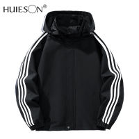 【Huieson】แจ็กเก็ตมีฮู้ดสำหรับผู้ชาย,แจ็กเก็ตมีฮู้ดสามบาร์เสื้อลำลองทันสมัย