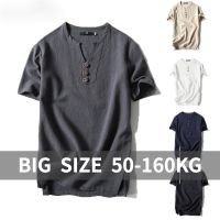 ❖❡ ?Oversize?Men Summer Cotton Linen Plus Size V Neck Short Sleeve Chinese T-shirts