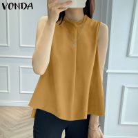 Vonda เสื้อเบลาส์ลําลอง แขนกุด คอกลม จับจีบ สีพื้น สไตล์เกาหลี แฟชั่นฤดูร้อน สําหรับผู้หญิง 9142