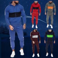 Mens Sets hoodies+Pants Harajuku Sport Suits Casual Sweatshirts Tracksuit Autumn Splicing Zipper Sweatshirt Top Pants Sets