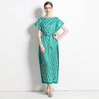 Womens Dress Fashion Real Shot Spot-Fashion All-Match Off-Neck Loose Drawstring Dress with Belt