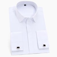 Mens Classic French Cuffs Solid Dress Shirt Covered Placket Formal Business Standard-fit Long Sleeve Office Work White Shirts