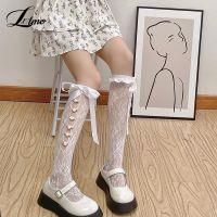 【LZ】☃✳◇  Meninas Meias Doces Sexy Lace Mesh Meias Arrastão Joelho Meias Altas Flor Oco Out Bandage Bow JK Lolita Kawaii Meias