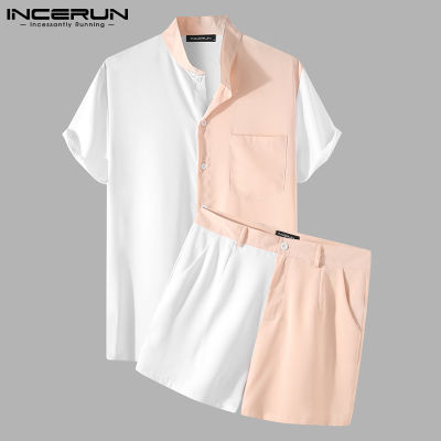 (สไตล์) INCERUN Official Store ชุดเซ็ตผู้ชาย เสื้อเชิ้ตแขนสั้น กางเกงขาสั้น สไตล์เกาหลี