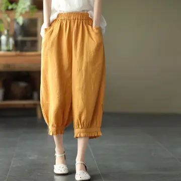 Women Casual Elastic Waist Cotton Linen Look Wide Leg Pants Summer