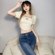 SYchuan Áo Croptop Ôm Cổ Vuông Chắp Vá Trang Trí Dây Chuyền Thời Trang