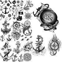 【YF】 Black Compass Anchor Temporary Tattoos For Adults Men Realistic Pirate Ship Endless Flower Fake Tattoo Sticker Back Arm Tatoos