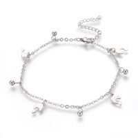 1pc 304 Stainless Steel Charm Anklets Dolphin and Round Stainless Steel Color 9-1/4 inch(23.5cm) 2mm