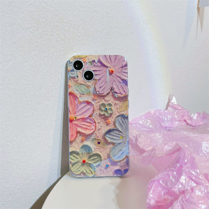 ภาพวาดสีน้ำมันวินเทจดอกไม้โทรศัพท์กรณีสำหรับ-iphone12-เคส-rhinestone-blu-ray-สำหรับ-iphone11promax-สีชมพูสีม่วงสีฟ้าสีเขียวภาพวาดสีน้ำมันดอกไม้กรณีโทรศัพท์สำหรับ-iphone13pro-เคสโทรศัพท์น่ารักสำหรับ-ip