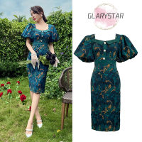 Glary Star Summer New Women S Retro Court Style Lantern Sleeve Slim Print Square Neck Dress