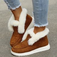 Vintage Ankle Boots Women Winter Warm Plush Fur Snow Boots Suede Leather Shoes Ladies Slip On Comfortable Female Footwear 2021