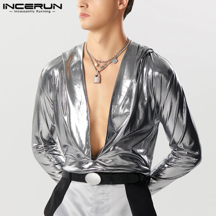 incerun-ชุดจั๊มสูทผ้าสะท้อนแสงล้วนมีฮู้ดแฟชั่นแขนยาวสำหรับผู้ชาย-สไตล์ตะวันตก