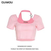 Outlet to pure spice Straw neck label stitching bump color short sleev Ultra-Less Cut Desire Hot Girl Halter Contrast short-Sleeved T-Shirt Fake Two-Piece Top Female T818z