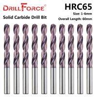 Drillforce 10PCS 1mm-6mmx60mm OAL HRC65 Solid Carbide Drill Bits Set Spiral Flute Twist Drill Bit สําหรับเครื่องมือสแตนเลสโลหะผสมแข็ง