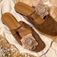 23 summer new pleated otou flower lf slippers women er shoes sqre toe comfor flat slippers -GGX23722☁☋