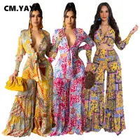 CM.YAYA Autumn Women Set Full Sleeve V-neck Crop Tops Wide Leg Pants Two 2 Piece Sets Street Tracksuit Chiffon Beach Outfits