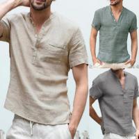 Summer Mens Short-Sleeved T-shirt Cotton Tee Linen Casual Mens T-shirt Male Breathable Tops S-4XL