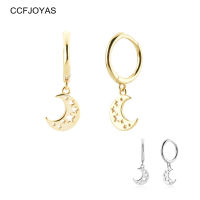 CCFJOYAS 925 Sterling Silver Geometric Moon Hollow Star Round Hoop Earring for Women European and American Light Luxury Jewelry