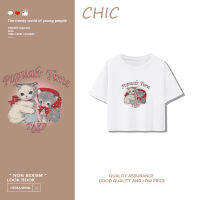 เสื้อสั้นหลวม CHIC เสื้อยืดแขนสั้นพิมพ์ลายการ์ตูนลูกแมว T0341