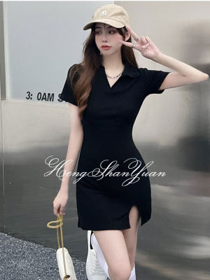 HengShanYuan เสื้อจั๊มสูทยืดผ้าฝ้ายผู้หญิงชุดสีดำตัวเล็กคอวี