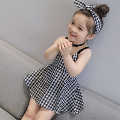 〖jeansame dress〗ชุด1-5Years เด็กวัยหัดเดินสาวเจ้าหญิงชุดสายรัดลายสก๊อตฤดูร้อนเด็กทารกชุดเดรสแขนกุด Vestido Festa Infantil