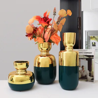 Nordic Luxury Home Living Room Entrance Gold Ceramic Vase Wind Desktop Desk Accessories Flower Container Decorations Ornaments