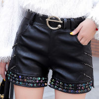 2019 autumn and winter new leather shorts high waist handmade beaded PU leather shorts outer boots straight shorts DK838