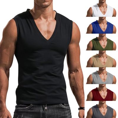 เสื้อยืดคอวีแขนกุดสำหรับผู้ชายเสื้อสำหรับเสื้อกล้ามลำลองฟิตเนสเสื้อวิ่งกีฬาฤดูร้อน