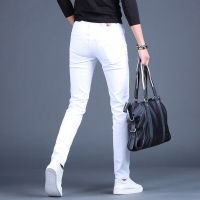 Mens embroidery slimming white jeans stretch denim pants Korea version trendy black jeans pants for men.