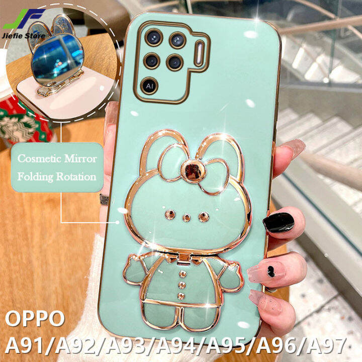 jiefie-น่ารักกระต่ายเคสโทรศัพท์สำหรับ-oppo-a92-a93-a94-a95-a96-a97-a98-a91โครเมี่ยมสุดหรูชุบกล่องสี่เหลี่ยมจตุรัสแต่งหน้า-tpuนิ่มชนิดใสโทรศัพท์-ขาตั้ง