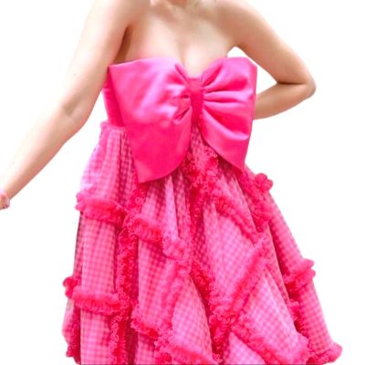 P010-045 PIMNADACLOSET - Strapless Pink Bow Gingham Mesh Print Feminine Dress