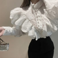 Vintage Elegant White Lace Stand Collar Ladies Shirts Blusas Feminine 2022 New Spring Sweet Chic Ruffles Long Sleeve Blouses Top