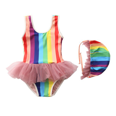 Ircomll New Fashion Baby Girls Swimsuit With Swim Cap Colorful stripes Yarn skirt Bikini baby swimming pool Children