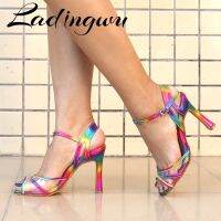 Ladingwu Hot Brand Tango Dance Shoes Women Girls Latin Salsa Patry Dance Shoes Rainbow PU Black Dance Shoes Unique Design