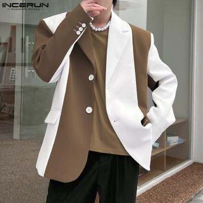เสื้อชุดลำลองวันหยุดปะต่อปกสีฮิตแขนยาวสำหรับผู้ชาย INCERUN (สไตล์เกาหลี)