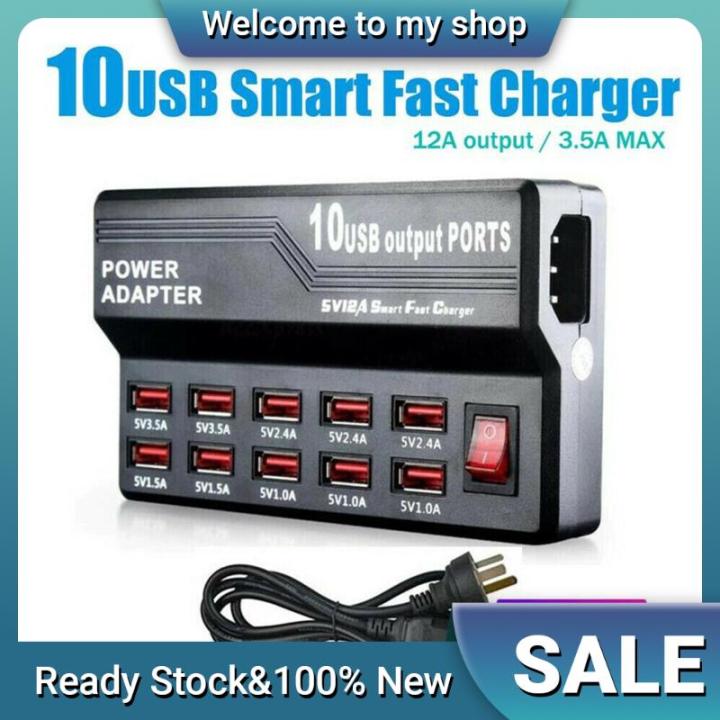12A 10 Port Desktop USB Rapid Charger Station Wall HUB Charging Power Cable with Plug