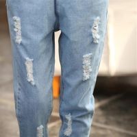 Korean Ankle Ripped Jeans Loose Student Straight Leg Beam Women Casual Pants Seluar Jeans Wanita Kasual 韓版九分破洞牛仔褲女