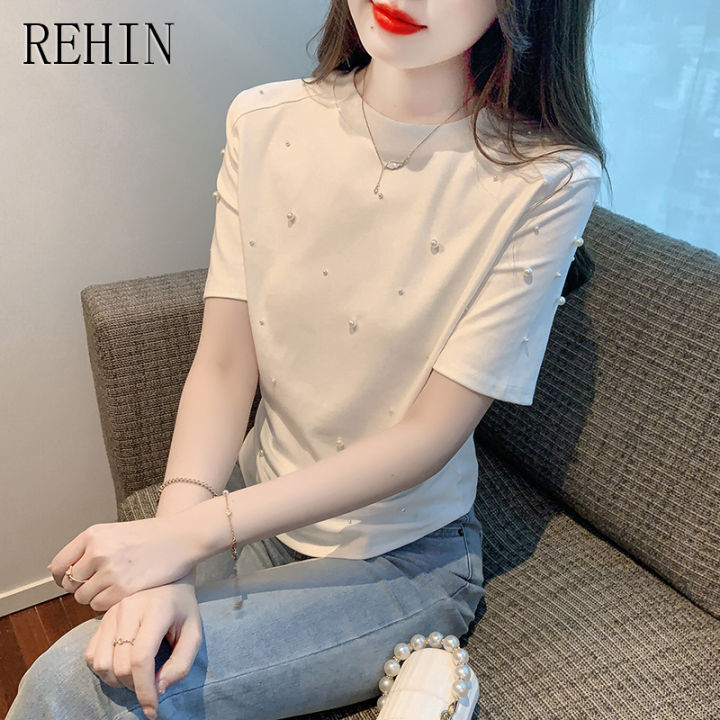 rehin-เสื้อแฟชั่นผู้หญิงแขนสั้น-เสื้อเสื้อลูกปัดคอกลมหรูหราแฟชั่นใหม่ฤดูร้อน
