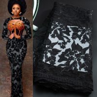 African Mesh Lace Fabric 2023 High Quality Black French Tulle Lace Fabric With Sequins For Women Wedding Party Dresses Sew A3273 Fabric  Material