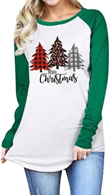 Merry Christmas Tee Shirts Women Merry Christmas Tree Print T-Shirt Leopard Plaid Printed Long Sleeve Raglan Baseball Shirts