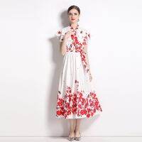 Summer New Neckline Lace-up Design Flying Sleeves Long Personalized Retro Printing a-Word Dress