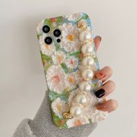 ❡▪ Oil painting Daisy Flowers Chain Phone Case For iPhone 11 Pro Max XR XS Max 7 8 Plus X Wrist Band Liquid Silicon Covers Cases