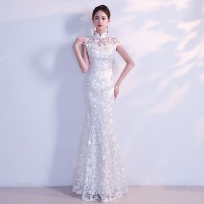 สีขาว Cheongsam กี่เพ้ายาวชุดการแต่งงานแบบดั้งเดิมของจีนชุดจีนร้านเสื้อผ้า Vestido Oriental ขนาด XS S M L XL XXL