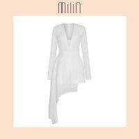 [MILIN] Moonit  V neckline Cascade overlay detail See through back Woven polyester Marble pattern long sleeves romper / ชุดติดกันแขนยาวขาสั้นผ้าโพลีเอสเตอร์ลายหินอ่อนคอวีตัดต่อผ้าโปร่งด้านหลัง สีขาว / สีเทา